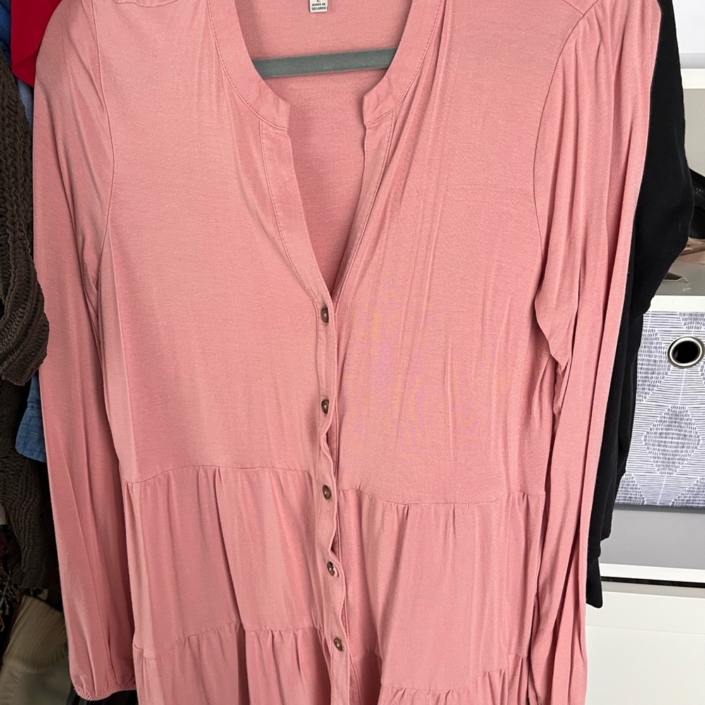 Pink Button-Down Long Sleeve Dress